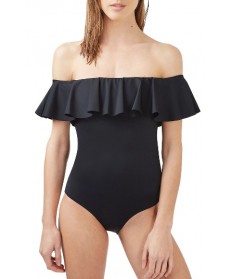 Topshop Ruffle Off The Shoulder One-Piece Swimsuit  US (fits like 1) - Black