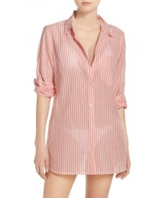 Caslon Stripe Boyfriend Shirt Cover-Up - Coral