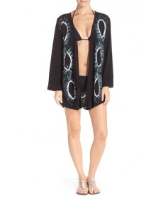 Green Dragon Lace Inset Circle Tie Dye Cover-Up Kimono  - Black