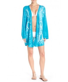 Green Dragon Lace Inset Circle Tie Dye Cover-Up Kimono  - Blue/green