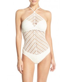 Robin Piccone 'Sophia' Crochet One-Piece Swimsuit  - Beige