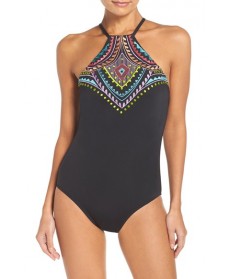 Laundry By Shelli Segal Embroidered One-Piece Swimsuit  - Black