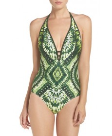 Robin Piccone Deep V-Neck Halter One-Piece Swimsuit