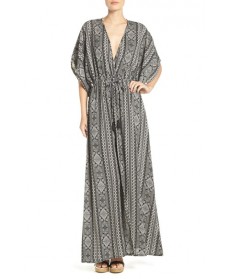 Elan Print Woven Cover-Up Caftan Maxi Dress  - Black