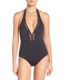 Tommy Bahama Mesh Solids Plunge Halter One-Piece Swimsuit