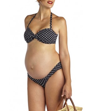 Pez D'Or Polka Dot Print Twisted Bandeau Maternity Bikini  - Black