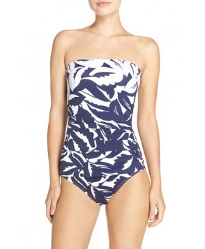 Tommy Bahama Leaf Print Bandeau One-Piece Swimsuit