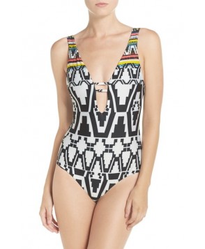 Becca 'Primitive Journey' Deep V-Neck One-Piece Swimsuit  - Black