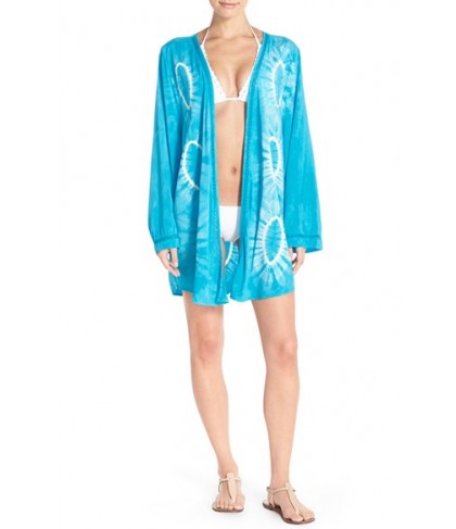 Green Dragon Lace Inset Circle Tie Dye Cover-Up Kimono  - Blue/green