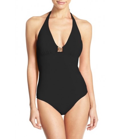 Tory Burch Logo Halter One Piece Swimsuit - Black