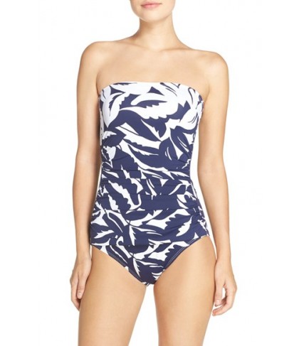 Tommy Bahama Leaf Print Bandeau One-Piece Swimsuit  - Blue