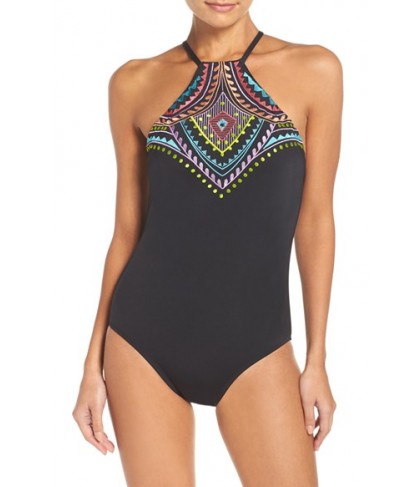 Laundry By Shelli Segal Embroidered One-Piece Swimsuit  - Black