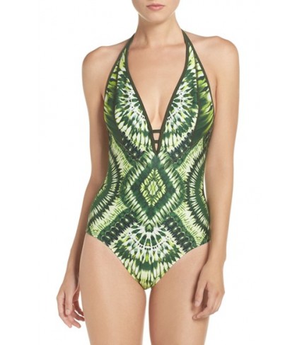 Robin Piccone Deep V-Neck Halter One-Piece Swimsuit  - Green