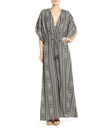 Elan Print Woven Cover-Up Caftan Maxi Dress - Black