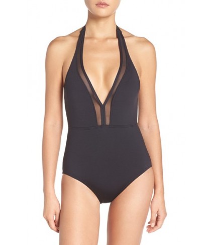 Tommy Bahama Mesh Solids Plunge Halter One-Piece Swimsuit